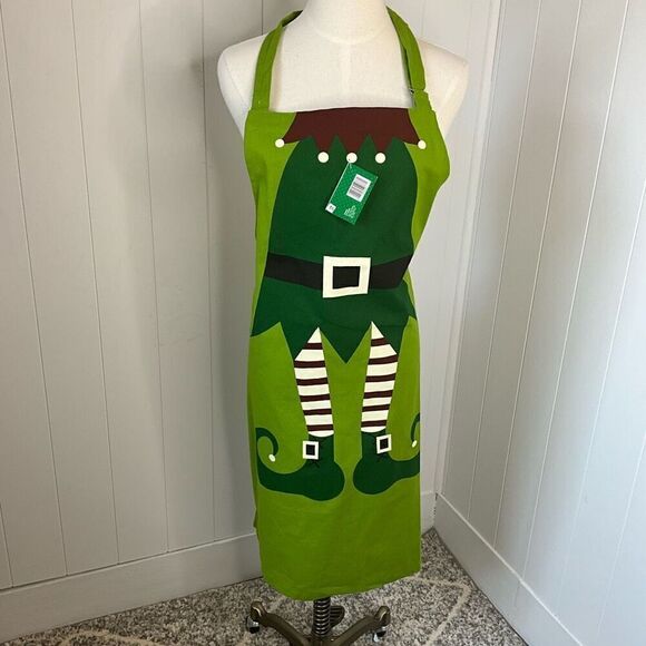 Sleigh Bell Bistro Holiday Elf Kitchen Apron Green Adjustable Strap Tie Back NWT - Picture 1 of 9